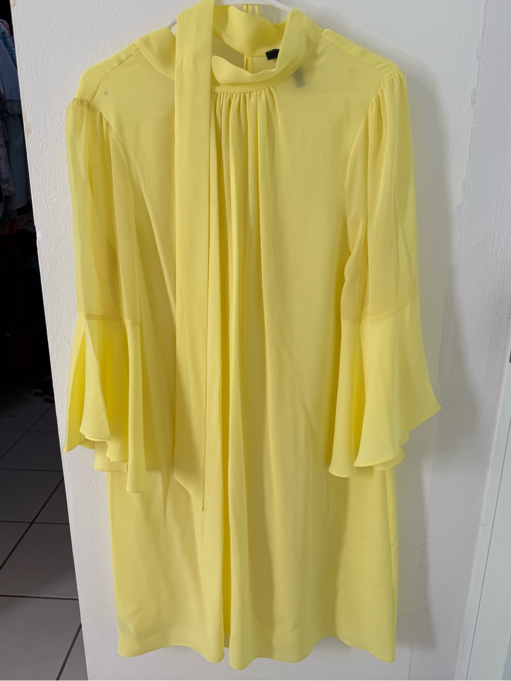 BCBGMaxAzria Yellow Tie-Neck Ruffle Long Sleeve Dress